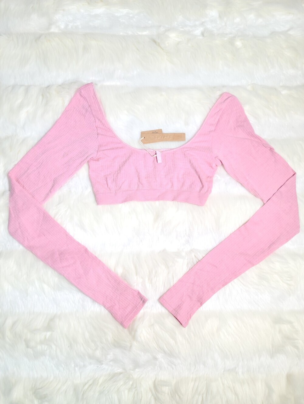 SKIMS Wool Rib Long Sleeve Cropped Top Pink Halite Women XXS NEW